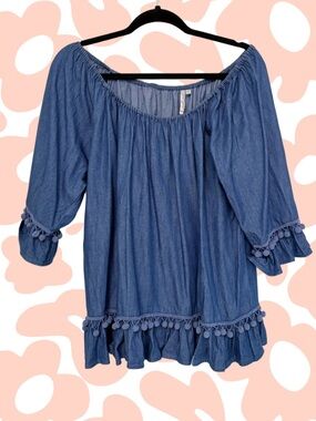 grand & greene Light Blue Off-Shoulder Chambray Top with Pom Trim